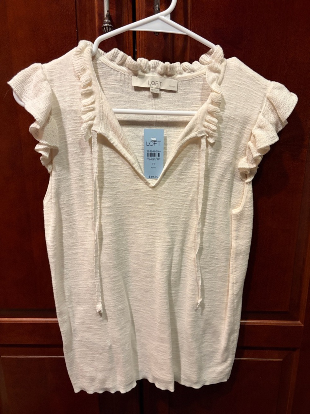 LOFT Cream Ruffle Tie-Neck Sleeveless Knit Top Size MP